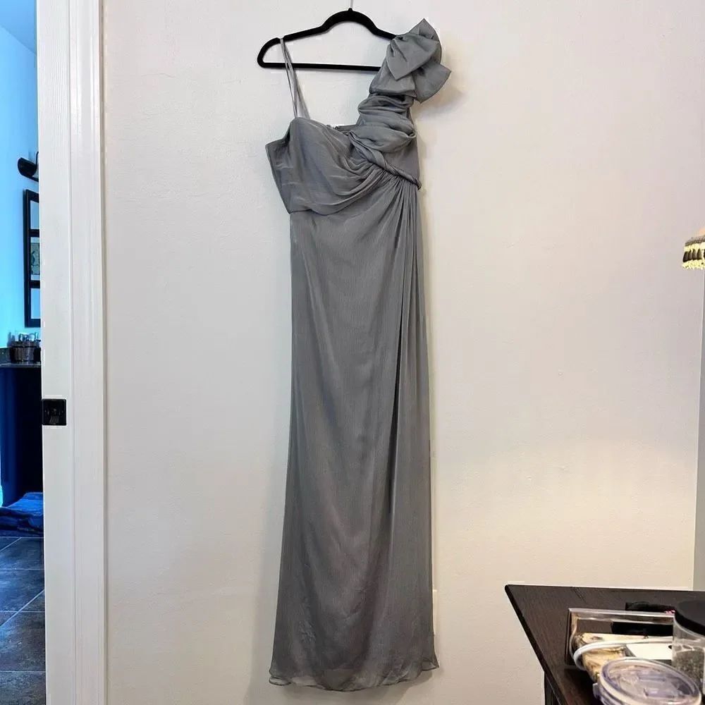 Adrianna Papell Collection Ruffle One Shoulder Bridesmaid Maxi Dress Gray Size 2